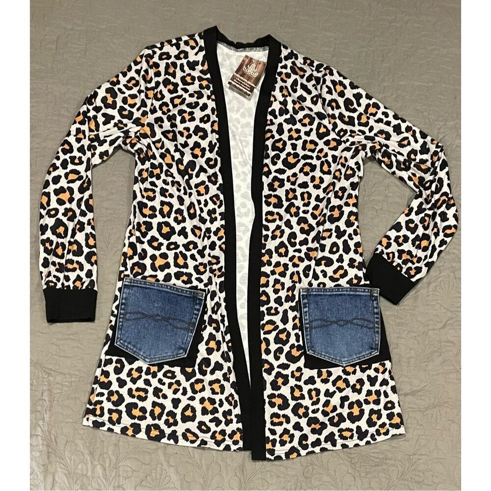 Feelin Groovy Upcycled Cheetah Animal Print Cardigan Medium Boutique Pockets